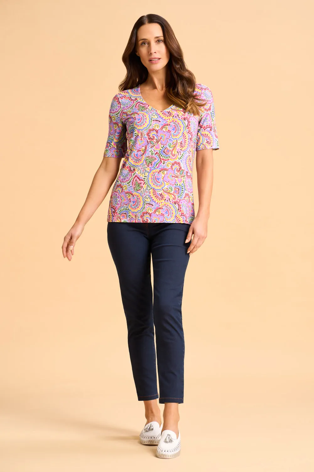 1/2 Sleeve V-Neck Tee - Multi Chintz Print