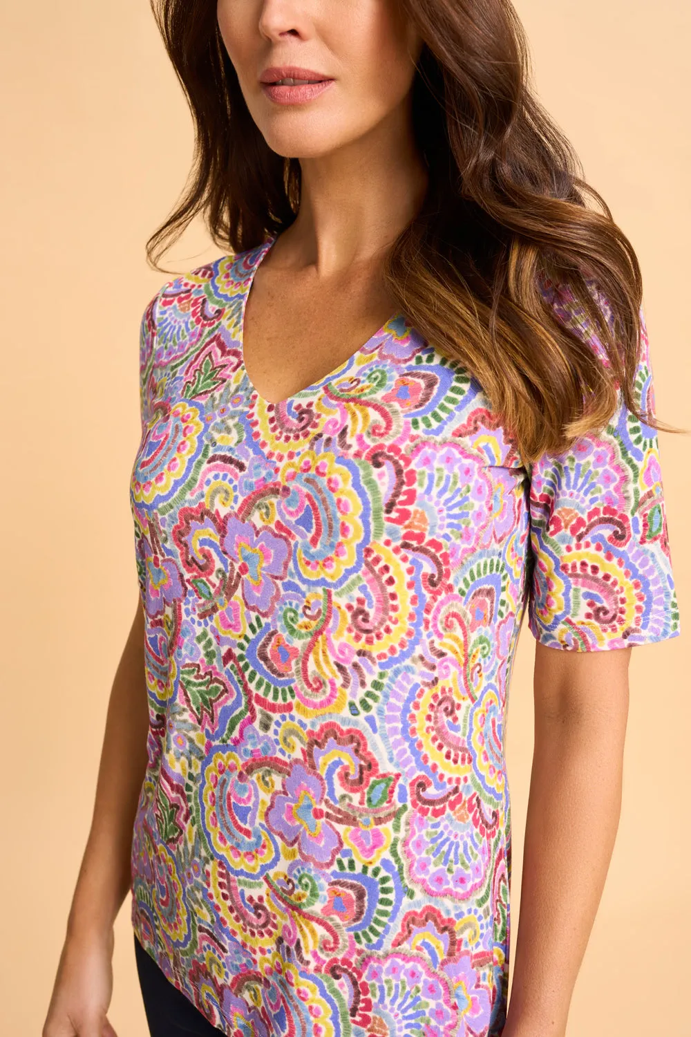 1/2 Sleeve V-Neck Tee - Multi Chintz Print