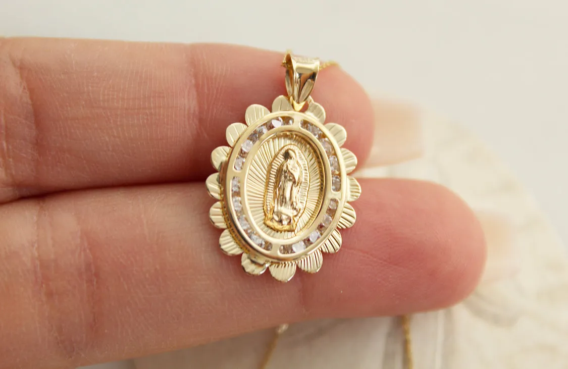 14k Gold Scalloped Our Lady of Guadalupe Necklace