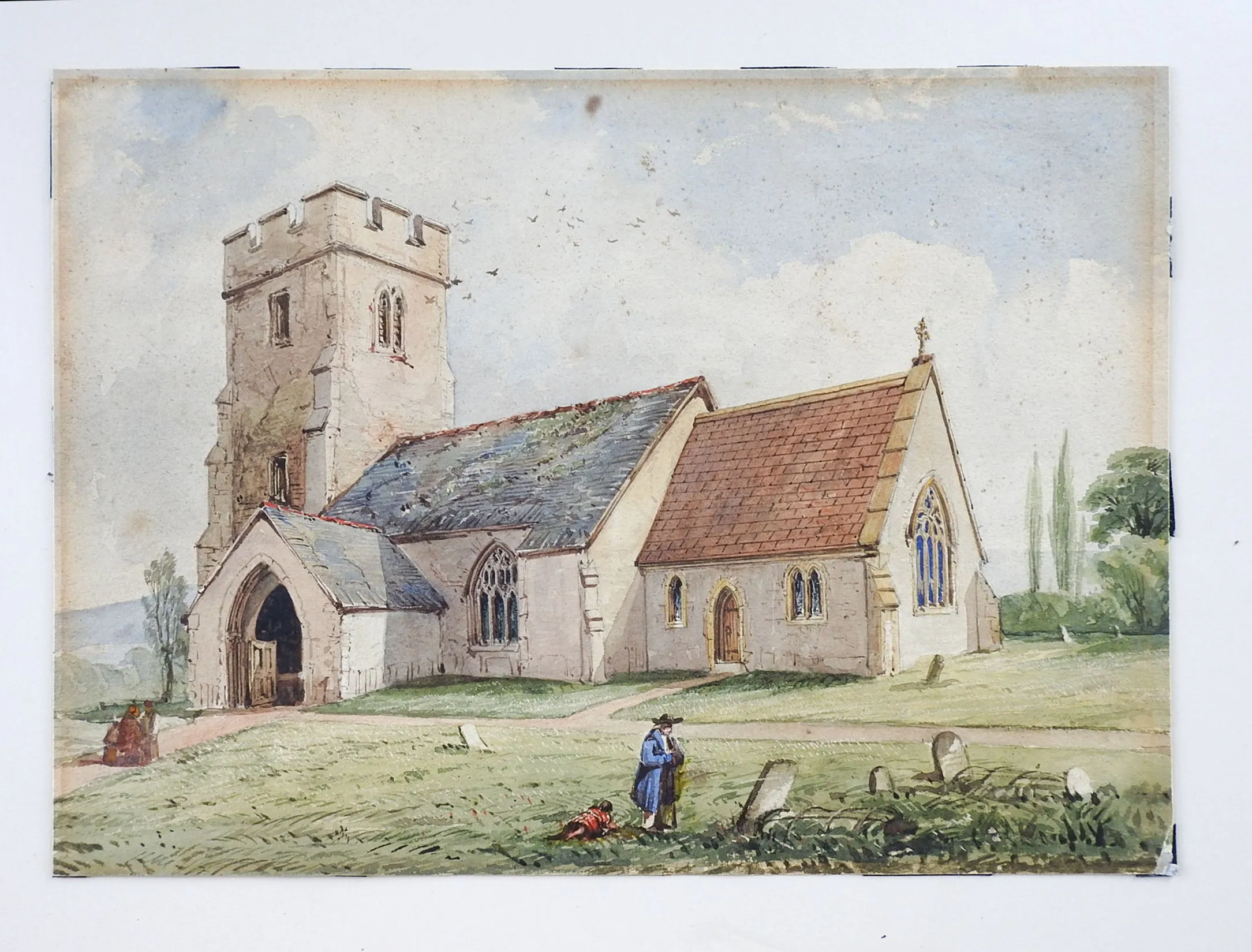 19th Century Clatworthy Church Watercolor Painting