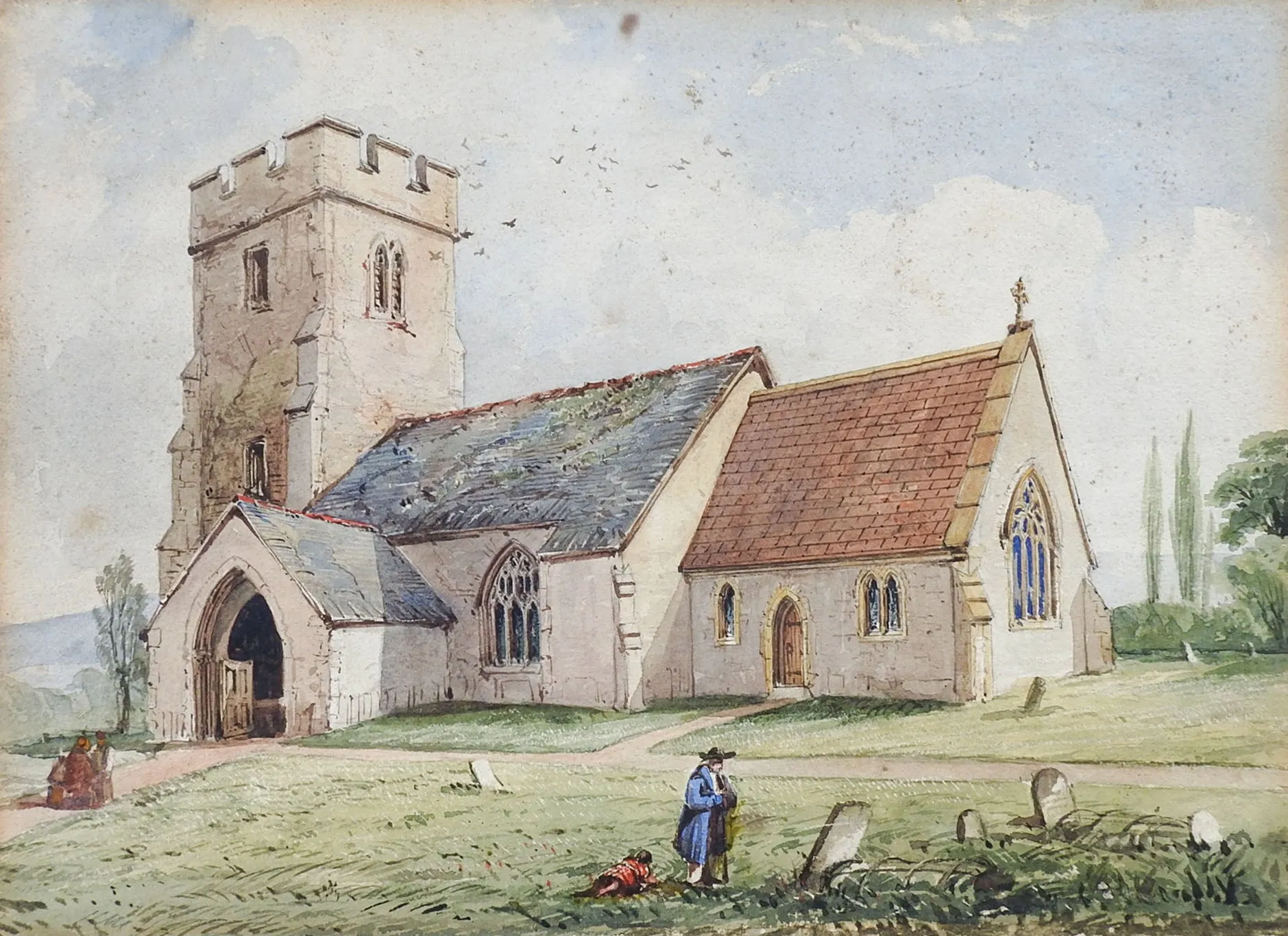 19th Century Clatworthy Church Watercolor Painting