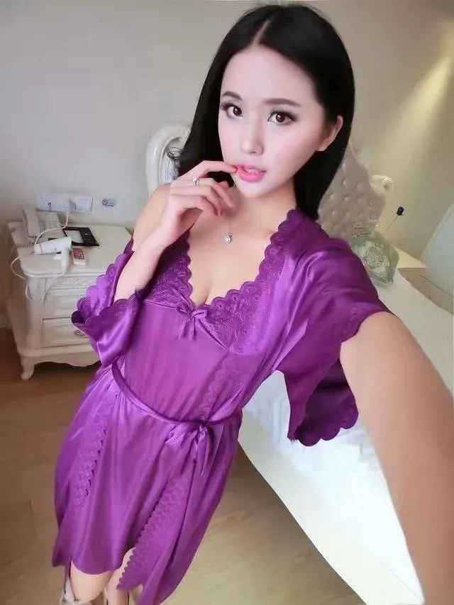 2 Pcs Satin Short Night Dress & Full Sleeves Robe - Red