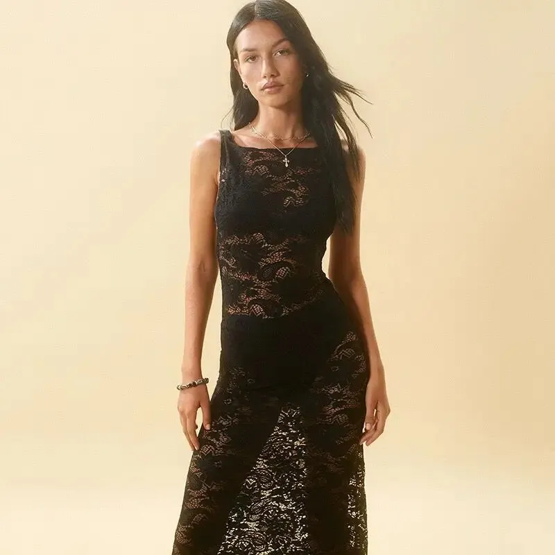 2024 Sexy Mesh See Through Slim Maxi Lace Dress