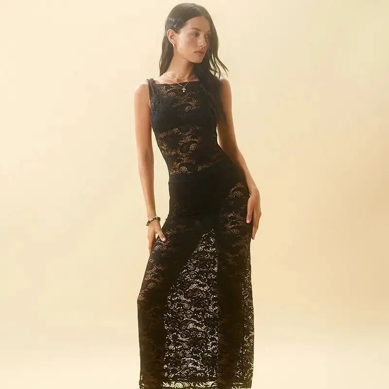 2024 Sexy Mesh See Through Slim Maxi Lace Dress