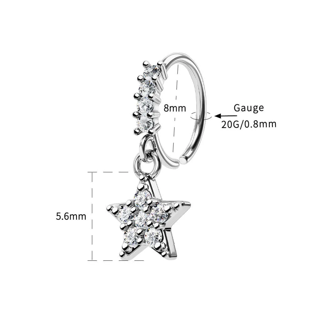 20G Five Pointed Star CZ Dangle Nose Hoop Helix Earrings