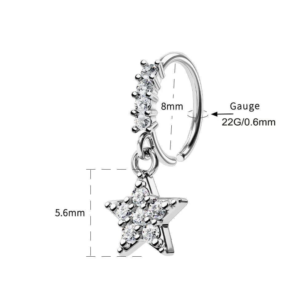 22G Five Pointed Star CZ Dangle Nose Hoop