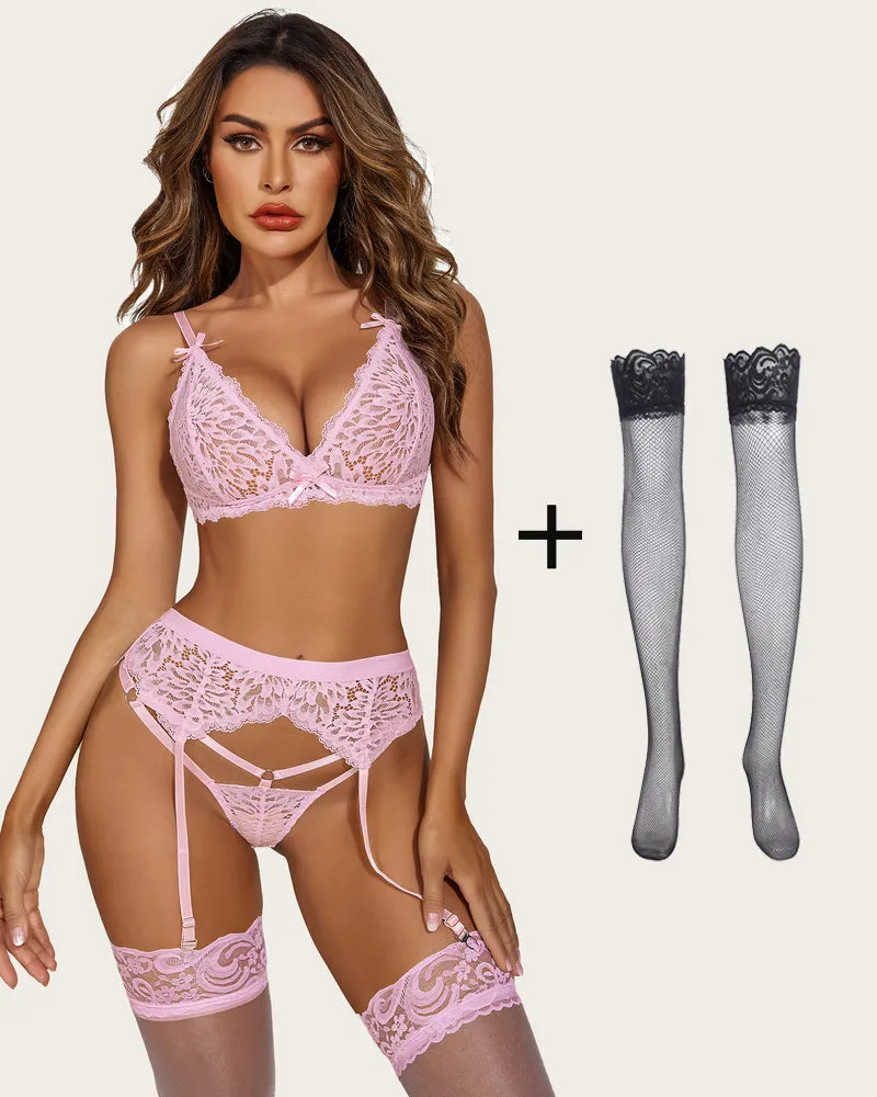 3 Piece Lace Bra and Panty Set with Garter Blet