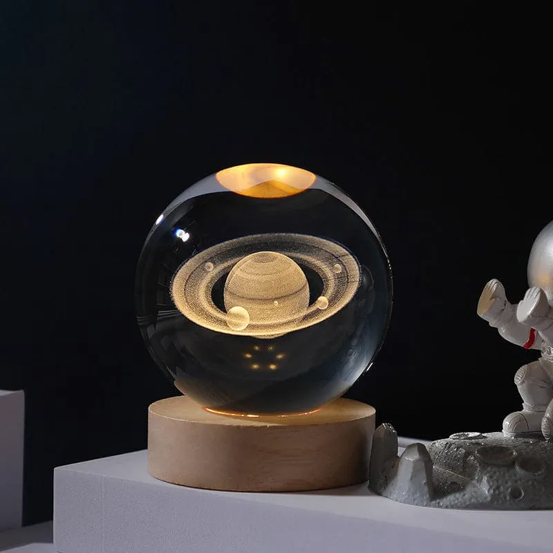 3D Crystal Saturn With Warm Led with Wood Base