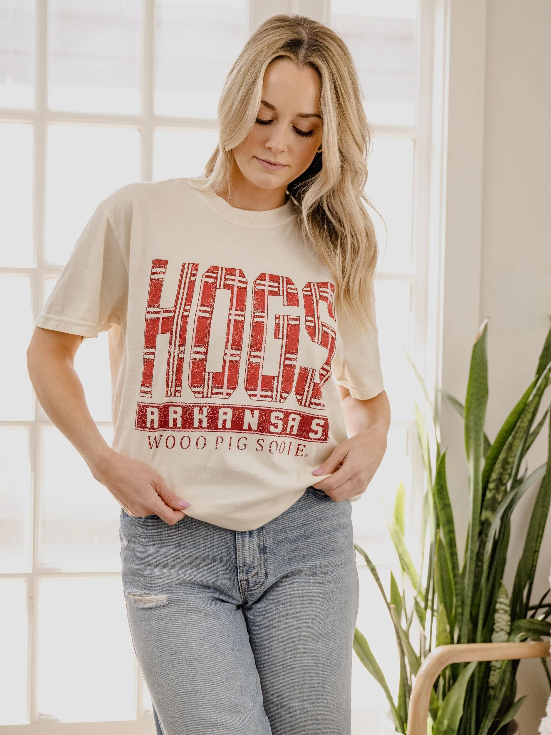 Arkansas Razorbacks Preppy Plaid Ivory Tee