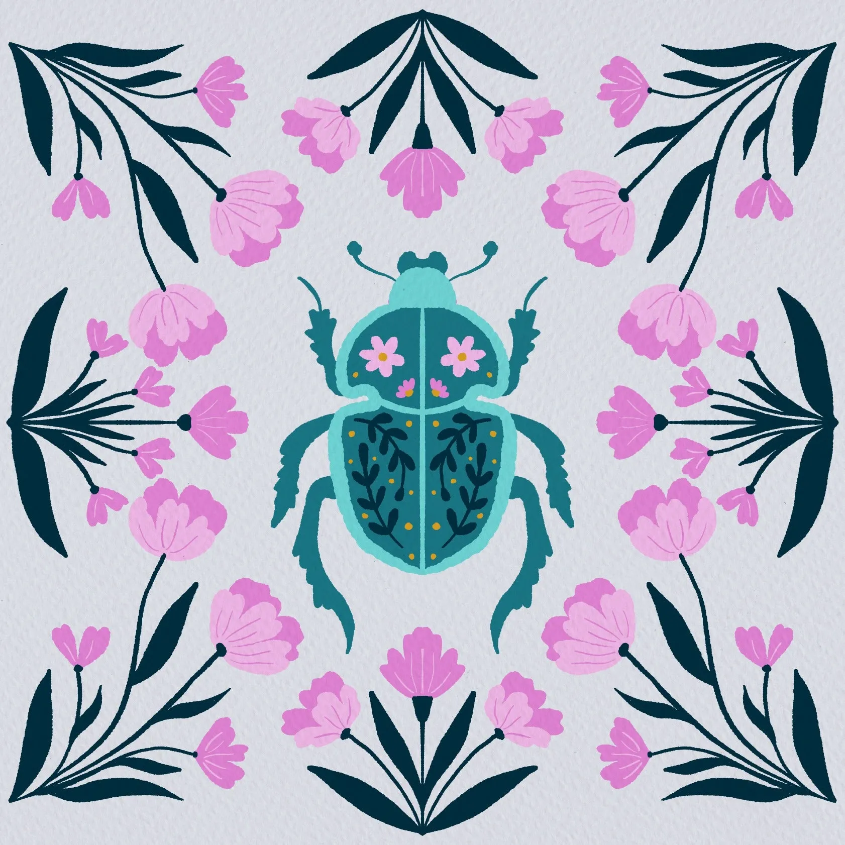 Beetle and flowers - pink and turquoise