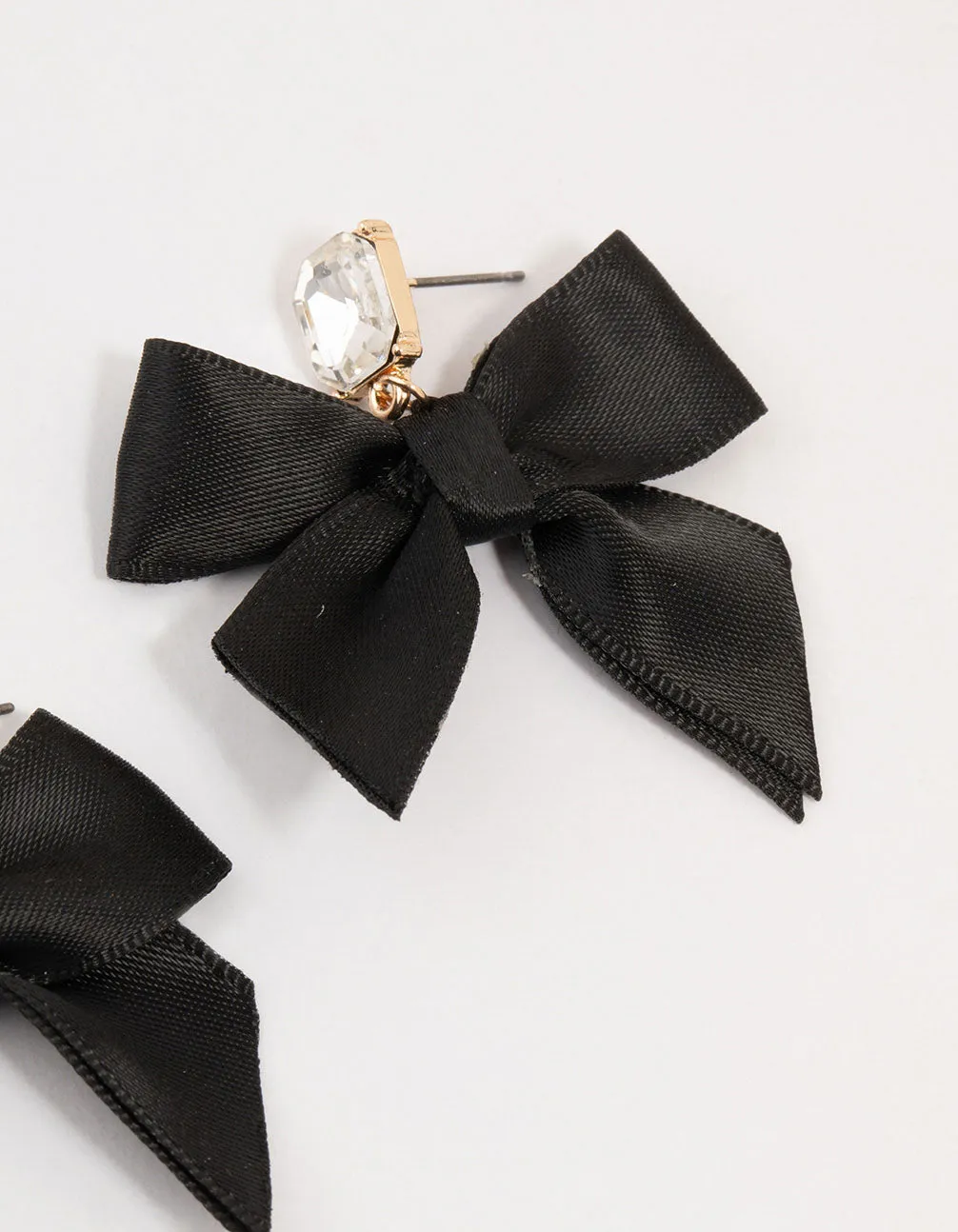 Black Fabric Diamante Bow Drop Earrings