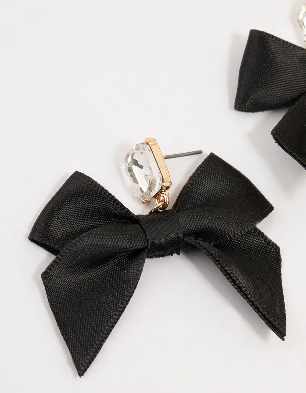 Black Fabric Diamante Bow Drop Earrings