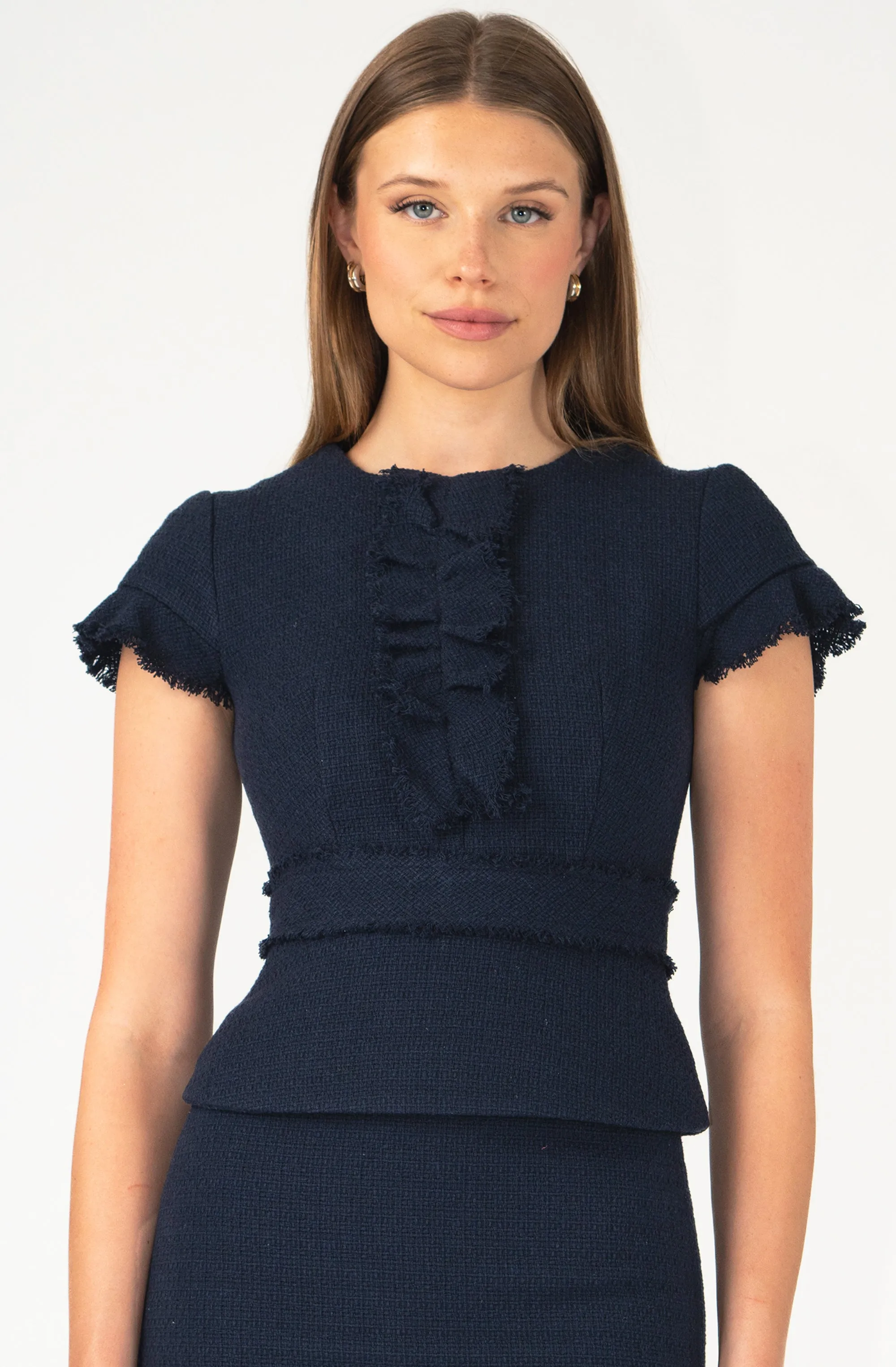 Bouclé Short Sleeve Peplum Top with Ruffles