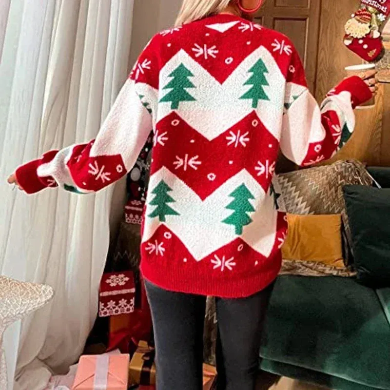 Christmas Tree Print Knitted Warm Jacquard Pullover Sweater