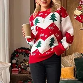 Christmas Tree Print Knitted Warm Jacquard Pullover Sweater