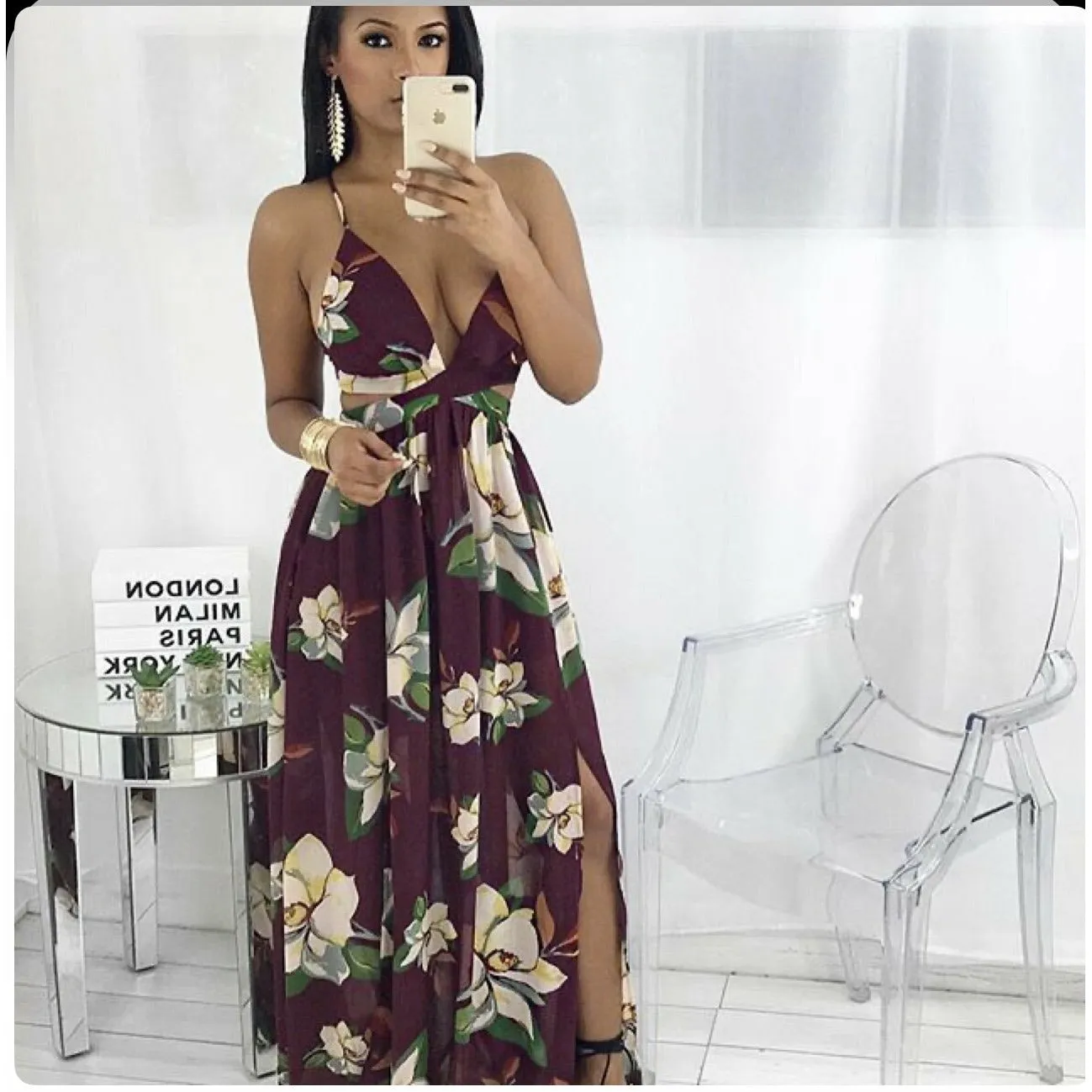 Deep V-Neck Backless Floral Maxi Dress