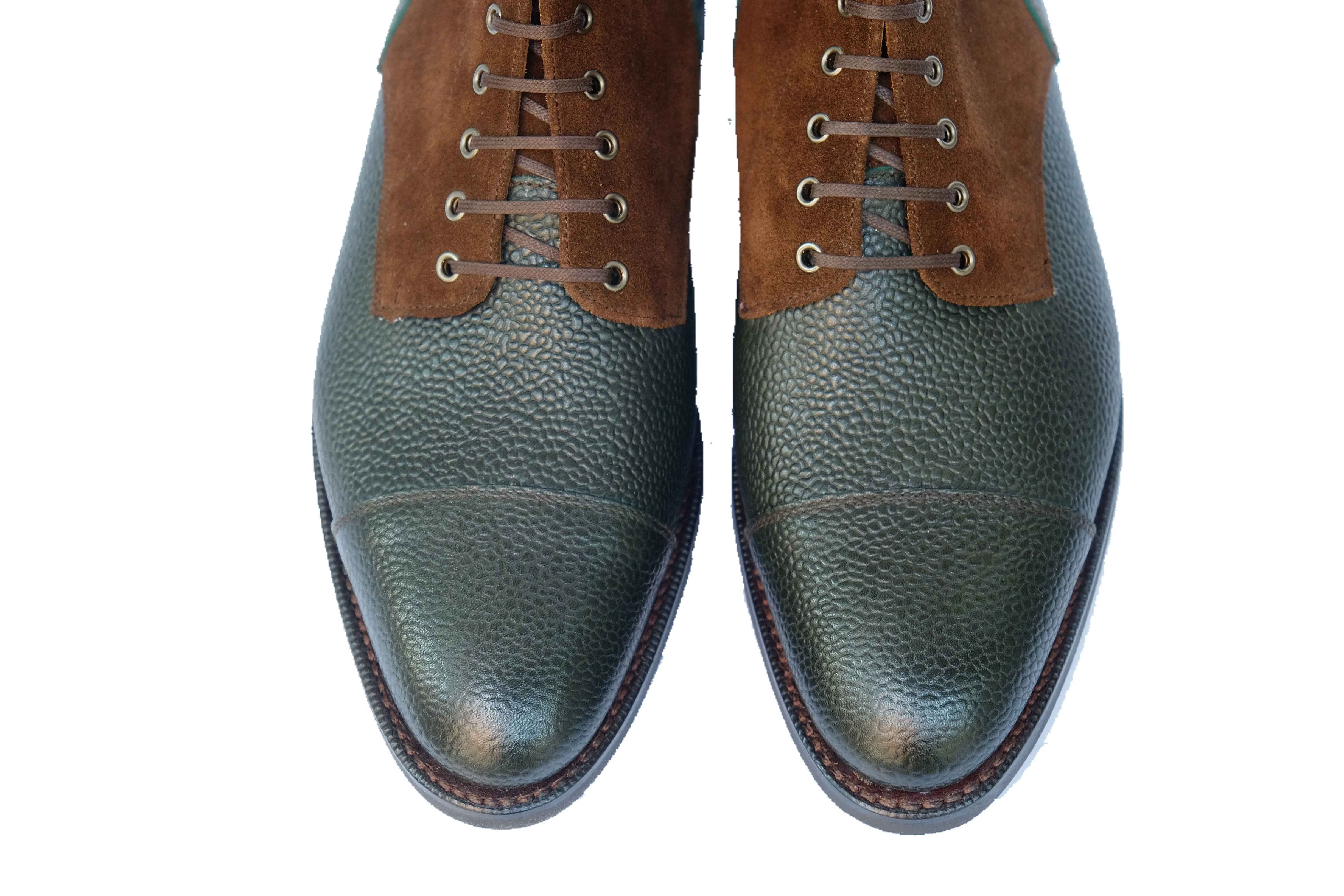 Delridge - MTO - Dark Green Grain / Dark Brown Suede - Aged Silver Eyelets (No Speedhooks)- TMG Last - Rugged Rubber Sole