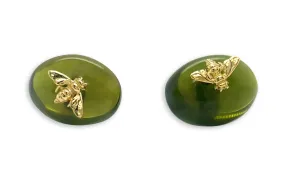 Earrings 18kt Gold Oval Green Chalcedony & Bug Studs