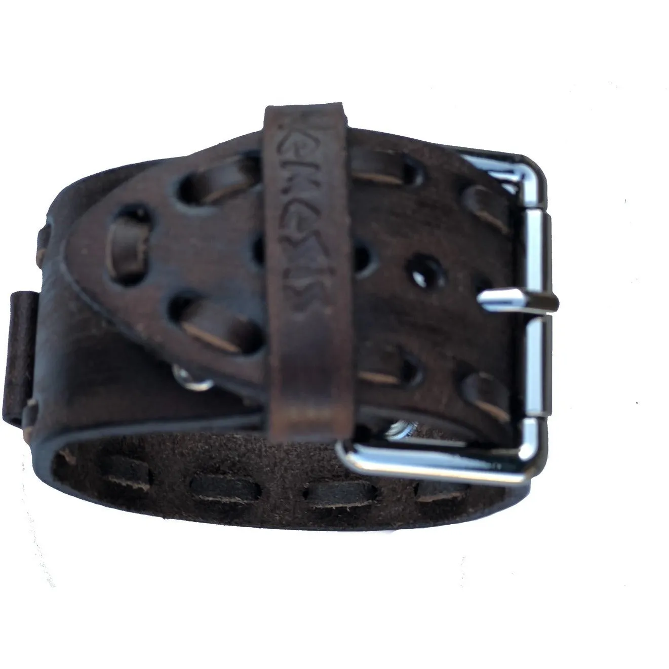 Embossed 3D Turquoise/Deep Blue Watch with Perforated Dash Distressed Dark Brown Leather Cuff