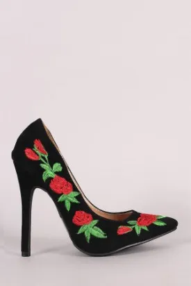 Embroidered Floral Suede Pointy Toe Stiletto Pump