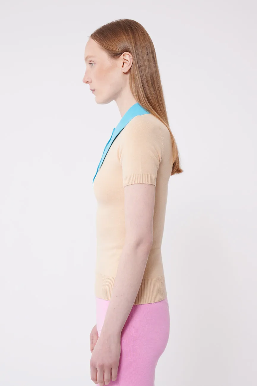 Fieno / Aqua Color Block Peachskin Short Sleeve Polo Top