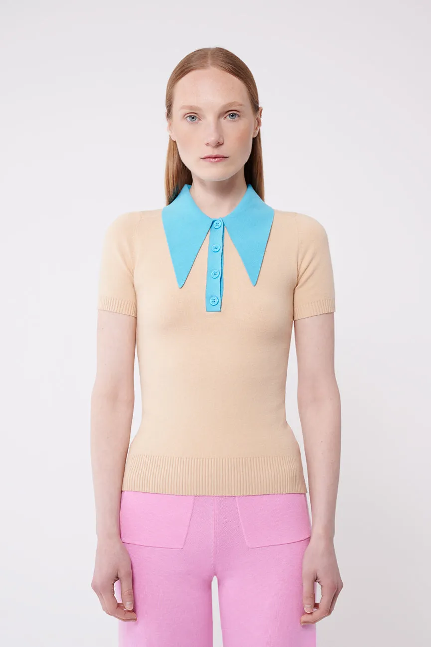 Fieno / Aqua Color Block Peachskin Short Sleeve Polo Top