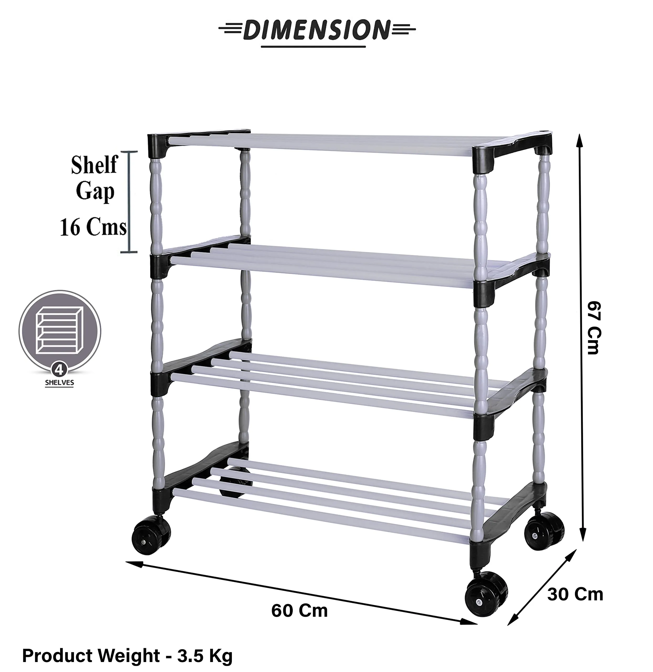 FLIPZON Multipurpose Metal, Plastic Smart Shoe Rack With Wheels|Portable Wide Shelve Storage Rack For Kitchen, Cloth With Wheels Easy To Move (4 Shelves) (Need To Be Assemble -Diy-Do-It-Yourself)