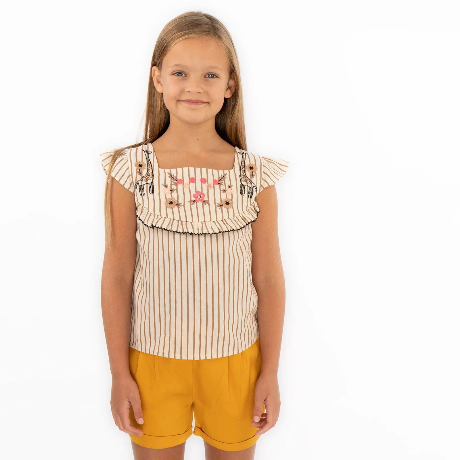 Girls Stripe Cotton Square Neck Short Sleeve Tops