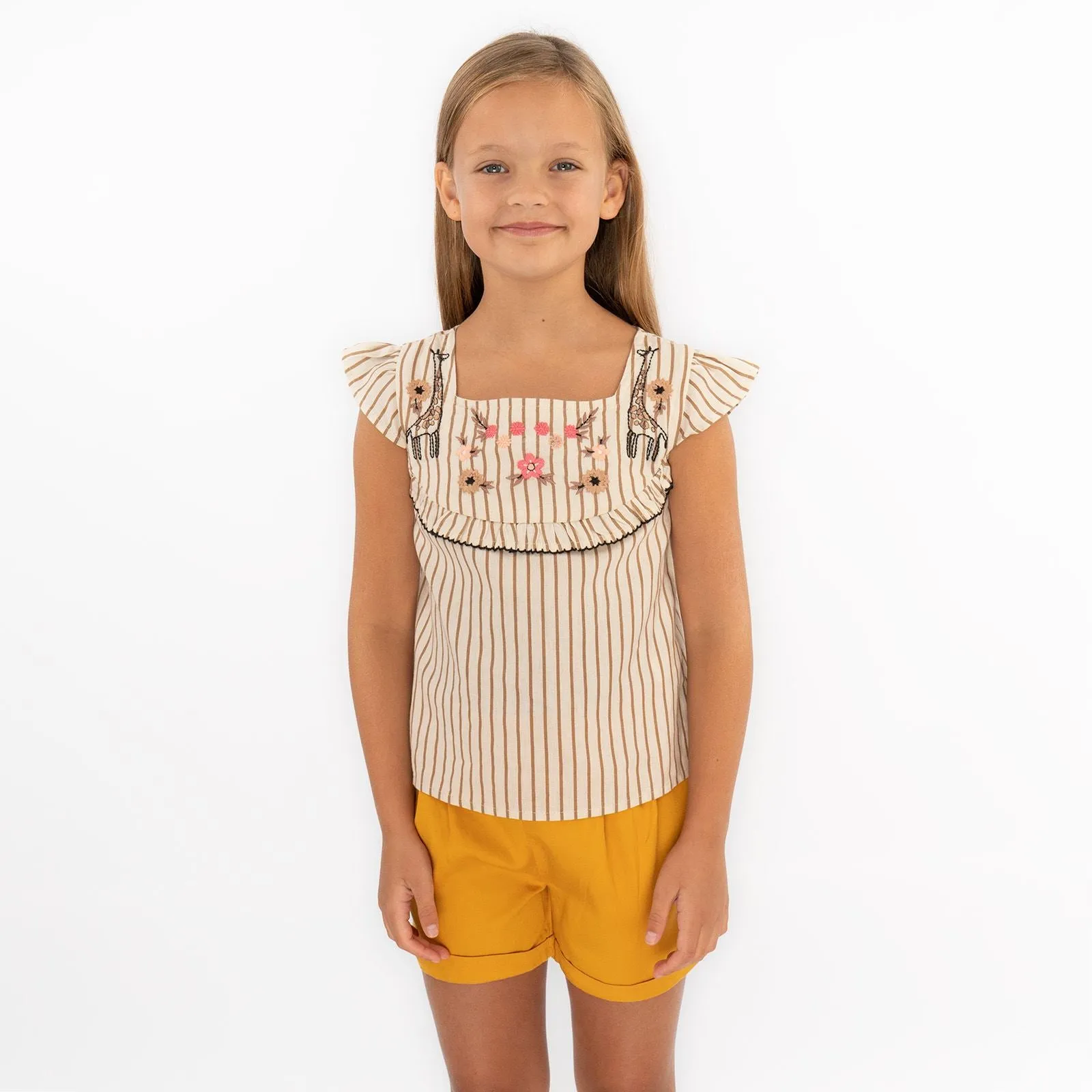 Girls Stripe Cotton Square Neck Short Sleeve Tops