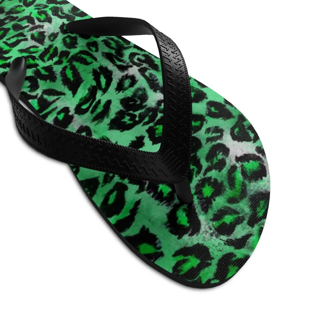 Green Leopard Flip Flops, Animal Print Unisex Flip-Flops Pool Beach Sandals- Made in USA