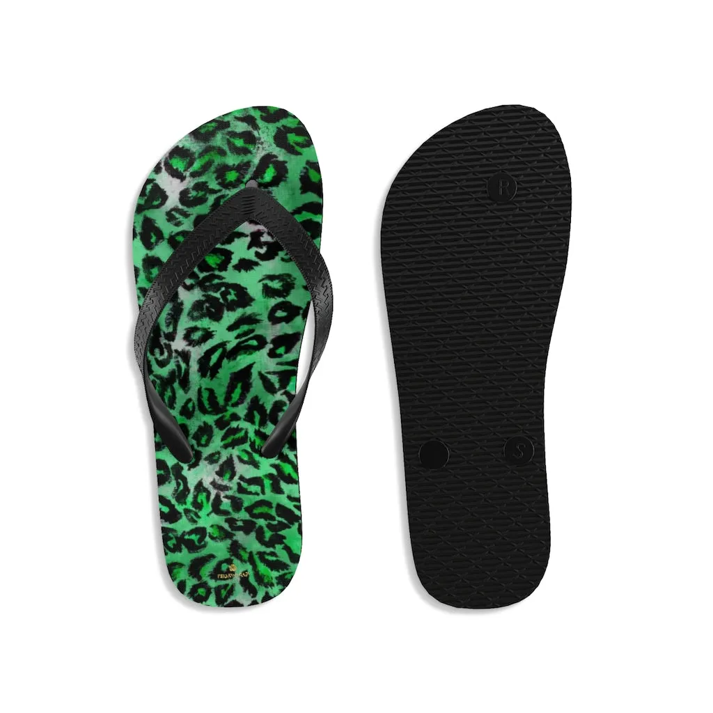 Green Leopard Flip Flops, Animal Print Unisex Flip-Flops Pool Beach Sandals- Made in USA