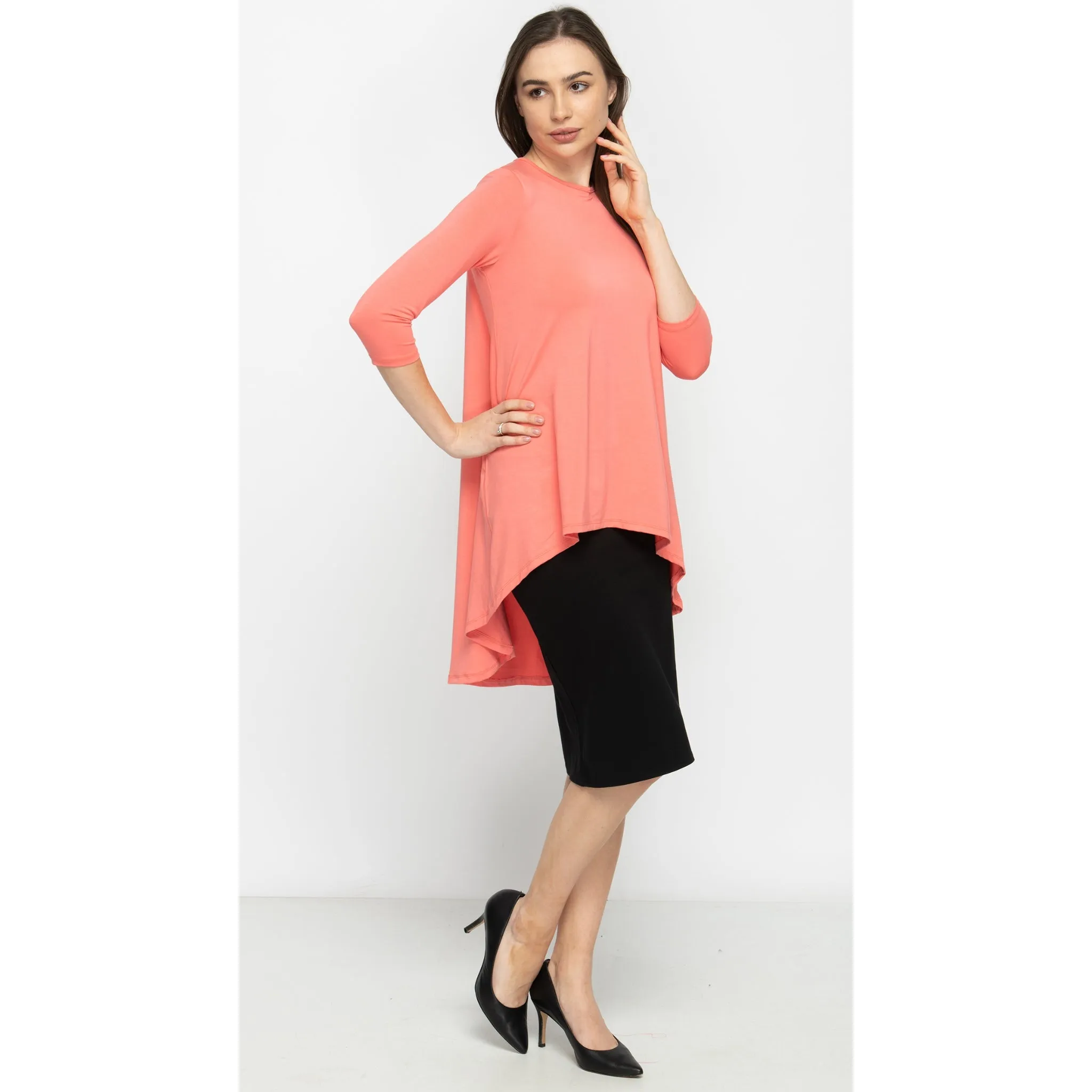 High Low Top by KMW-Coral Jersey 3/4 Sleeves