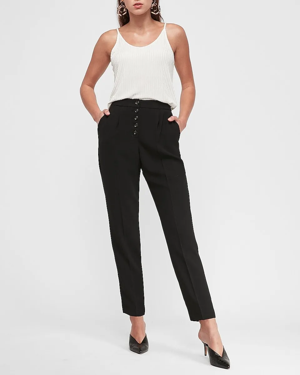 High Waisted Pleated Button Front Ankle Pant in Pitch Black