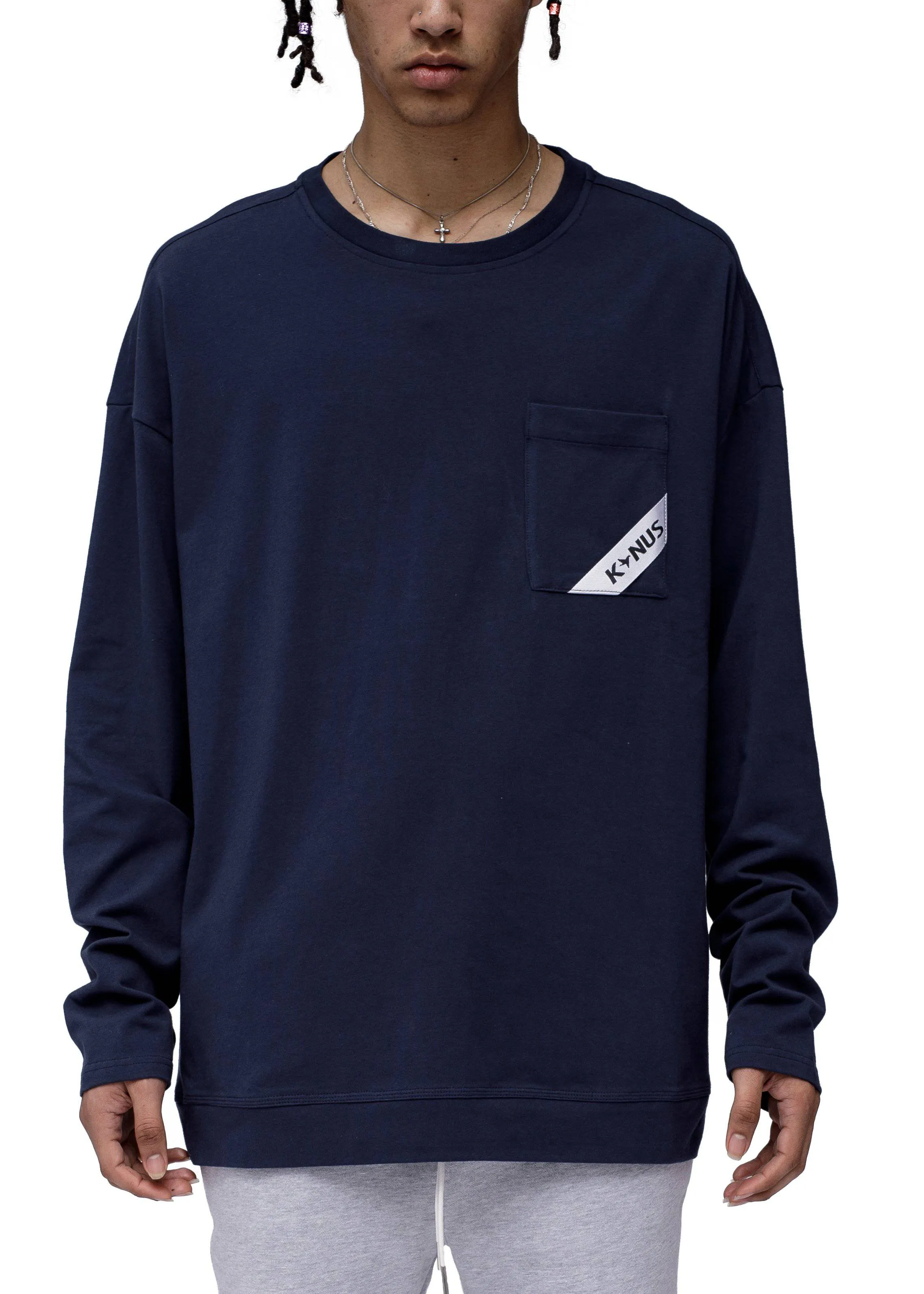 Konus Men's Long Sleeve Oversize Pocket Tee in Navy