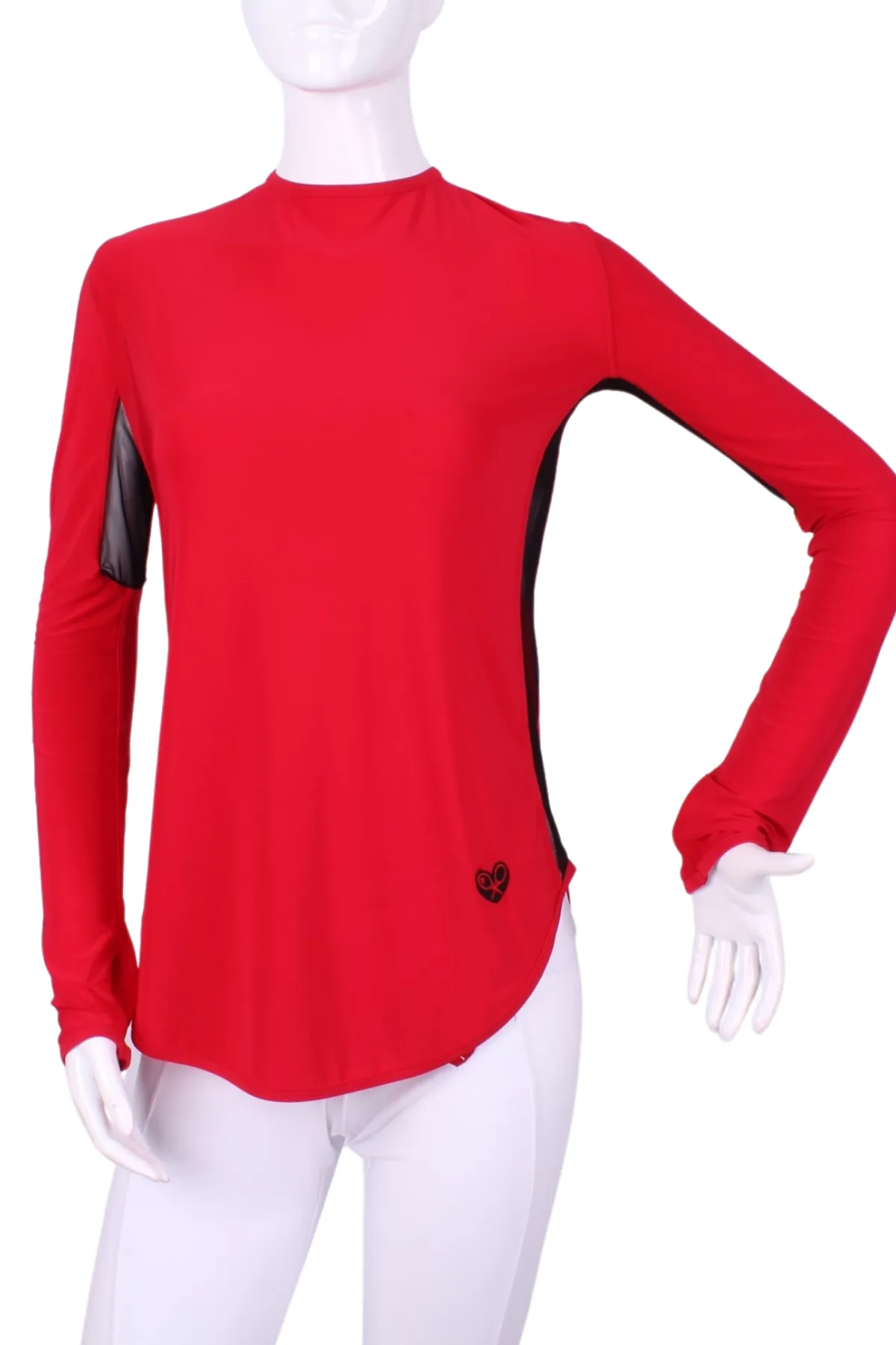 Longer Bright Red   Black Mesh Long Sleeve Crew Tee