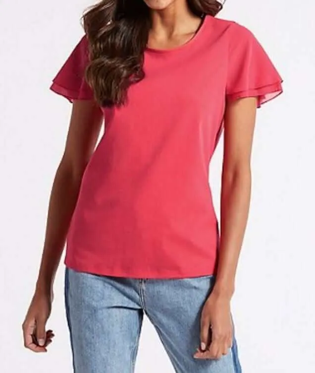 M&S Pure Cotton Flutter Short Sleeve Pink Blouse