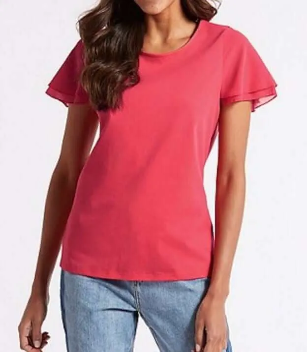 M&S Pure Cotton Flutter Short Sleeve Pink Blouse