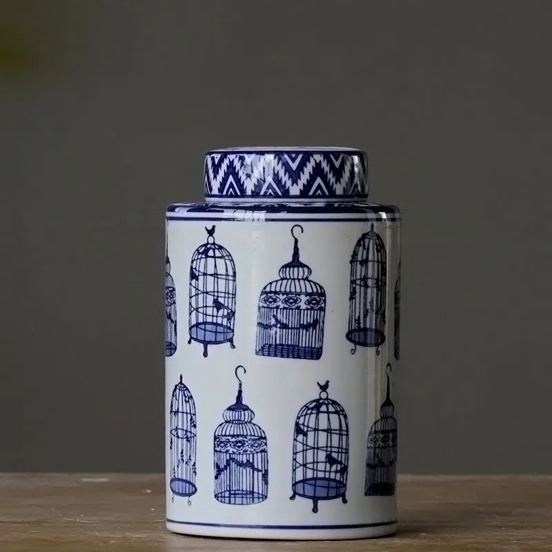 Modern Oriental Blue and White Ceramic Container