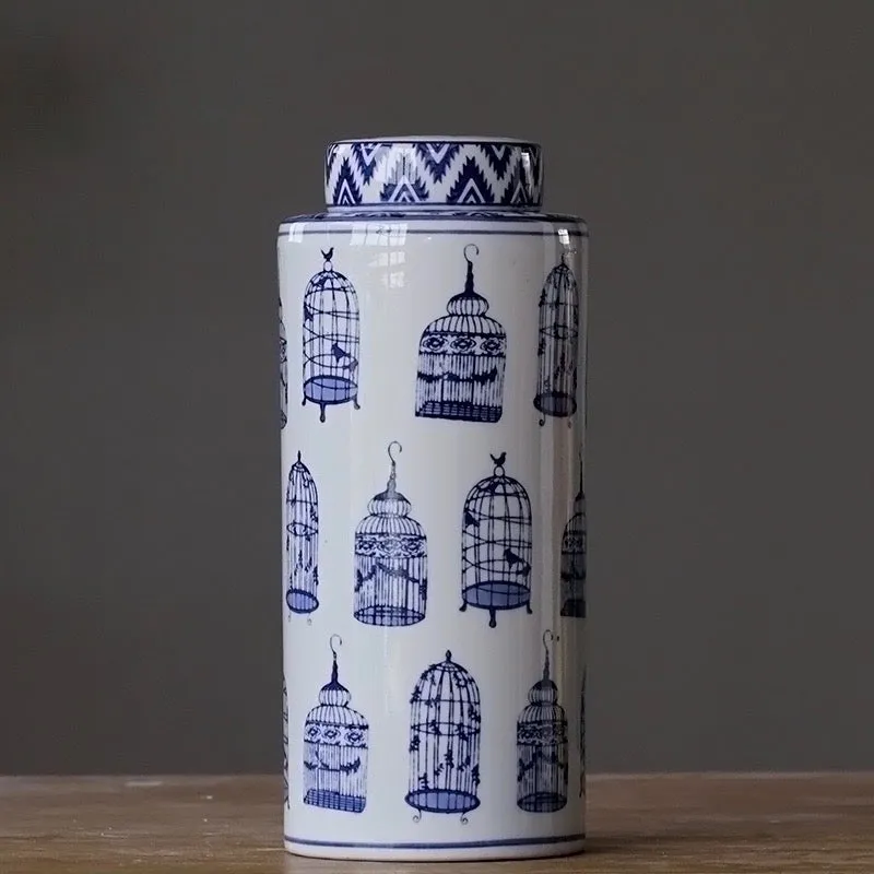 Modern Oriental Blue and White Ceramic Container