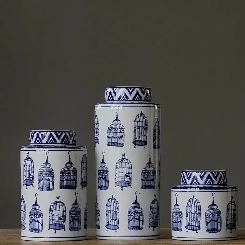 Modern Oriental Blue and White Ceramic Container