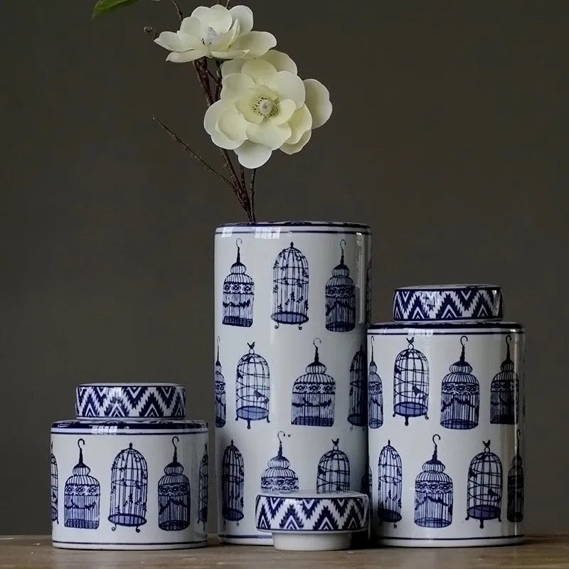 Modern Oriental Blue and White Ceramic Container