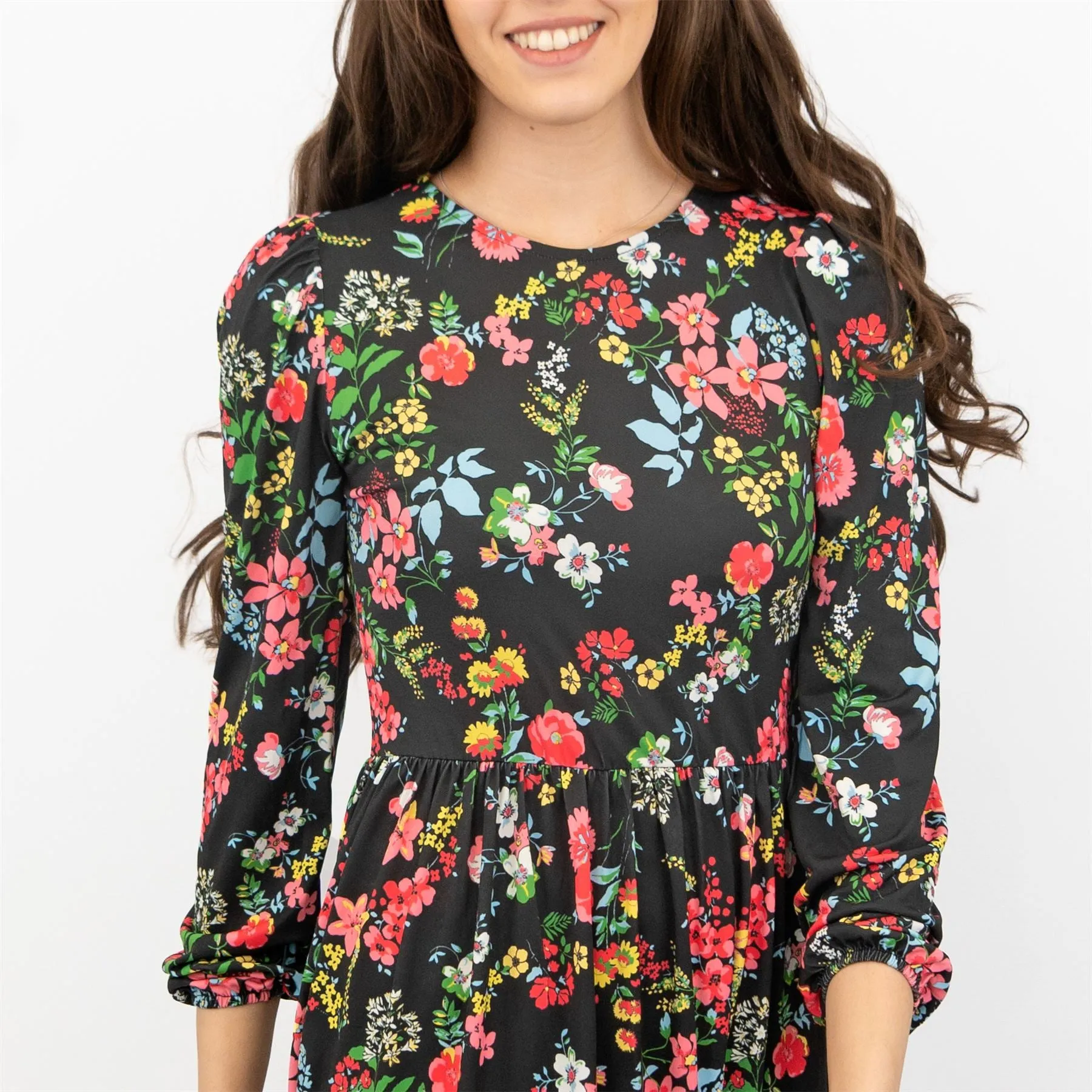 Oasis Black Floral 3/4 Sleeve Fit & Flare Swing Dress