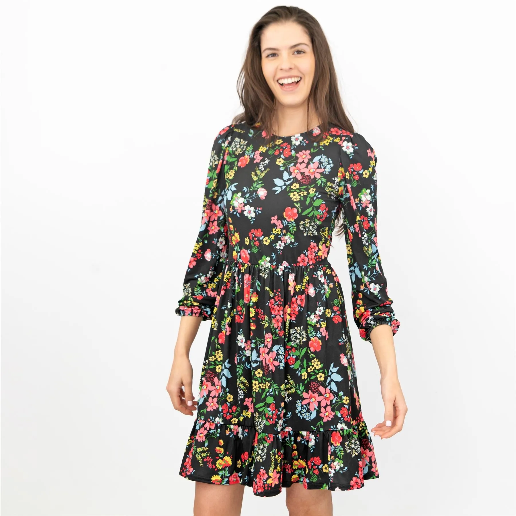 Oasis Black Floral 3/4 Sleeve Fit & Flare Swing Dress