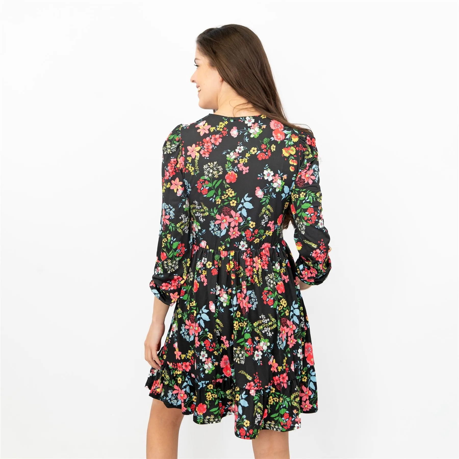 Oasis Black Floral 3/4 Sleeve Fit & Flare Swing Dress