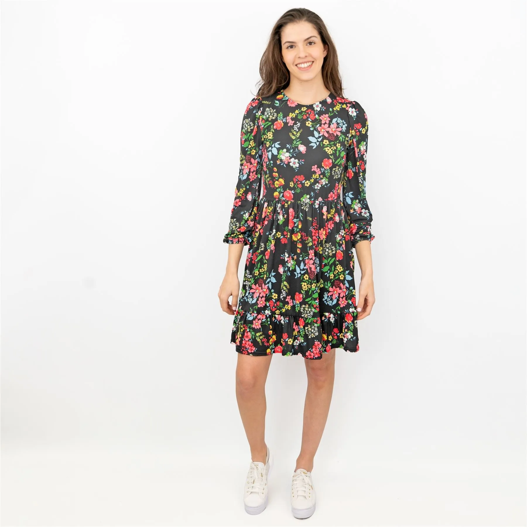 Oasis Black Floral 3/4 Sleeve Fit & Flare Swing Dress