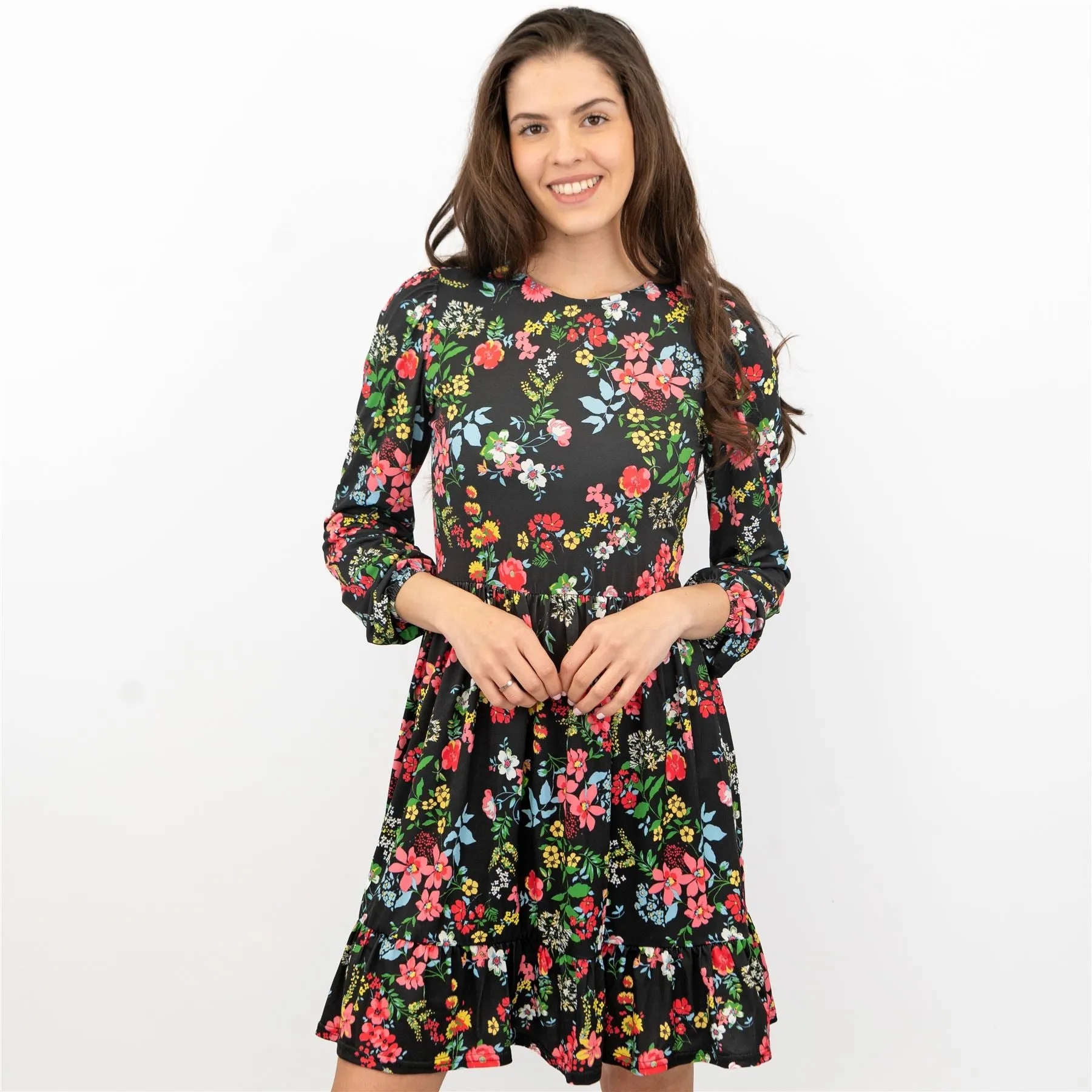 Oasis Black Floral 3/4 Sleeve Fit & Flare Swing Dress