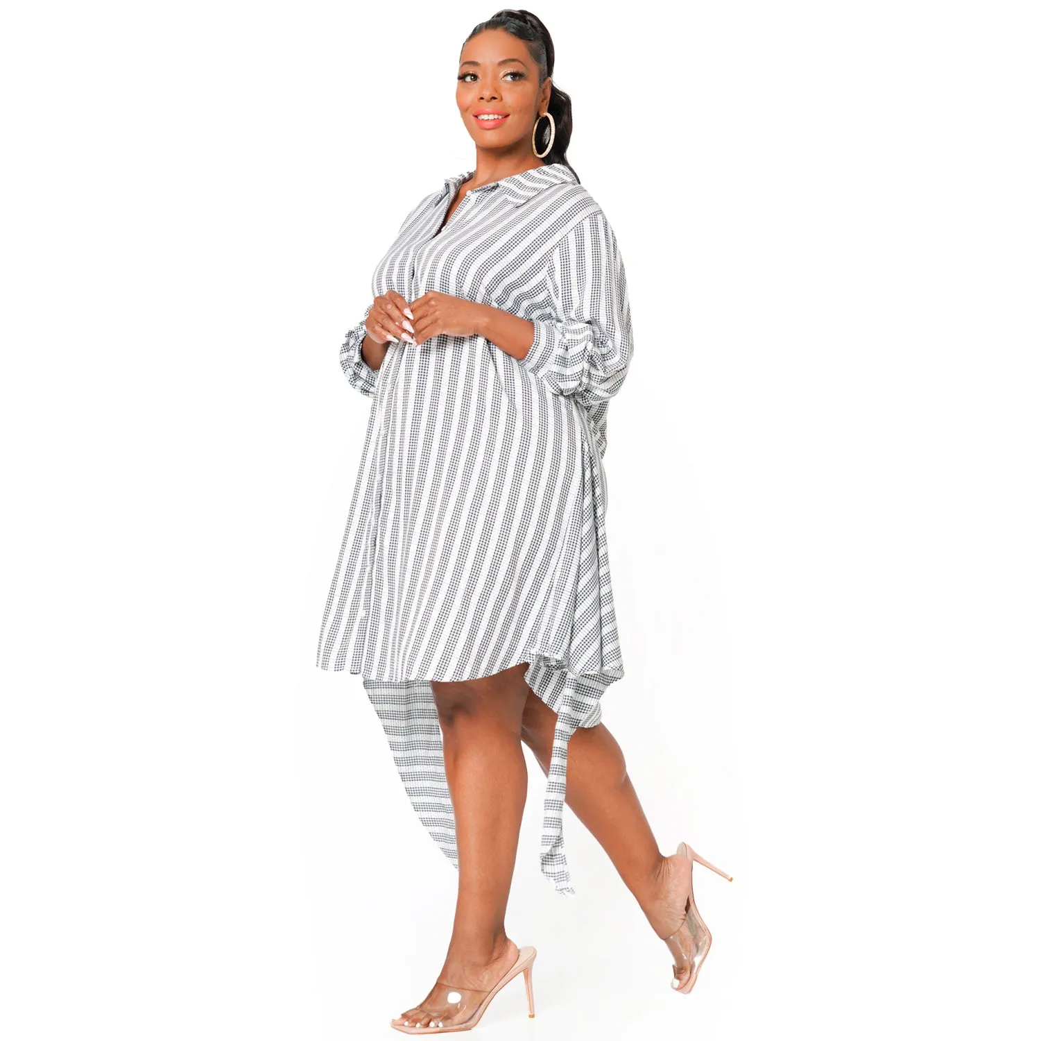 Plus Size Lace Trim Wrapped Shirt Dress in Ditsy Gingham