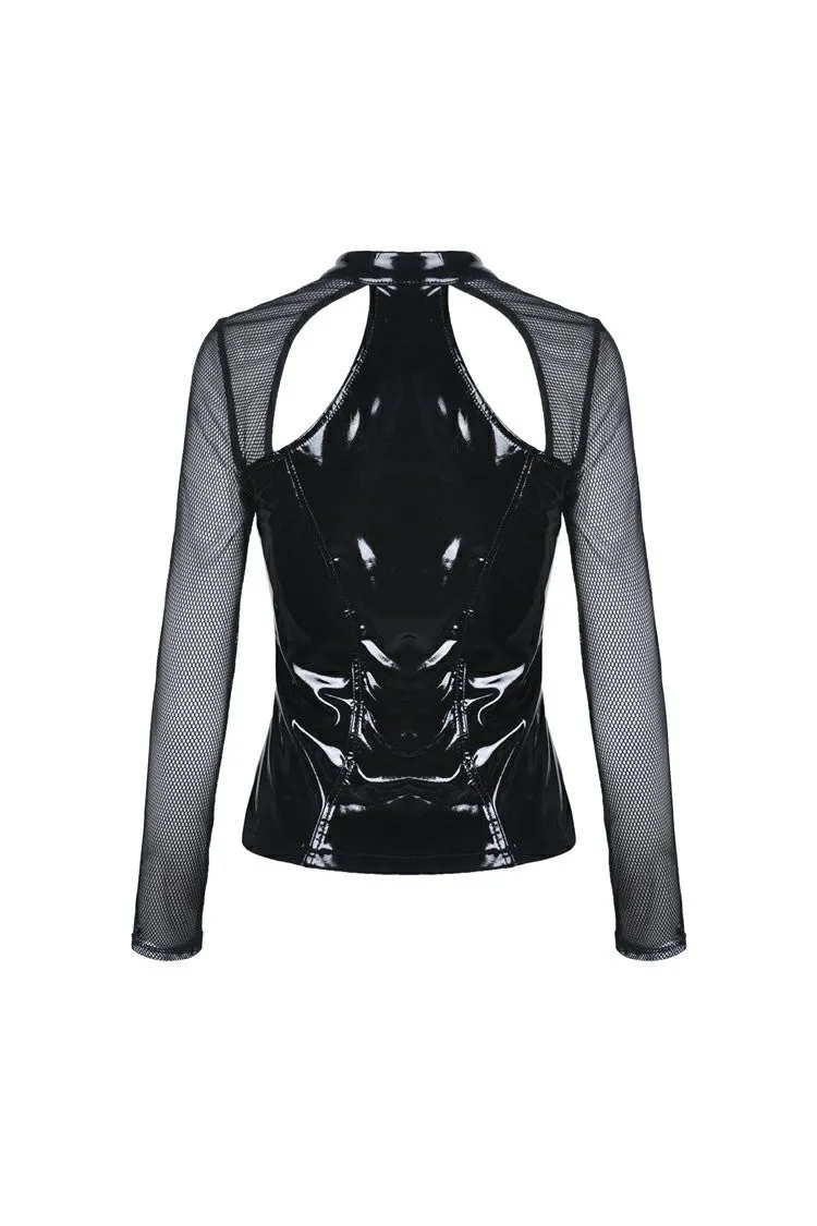 Punk shinning PU zippered Top with sexy net sleeves TW248