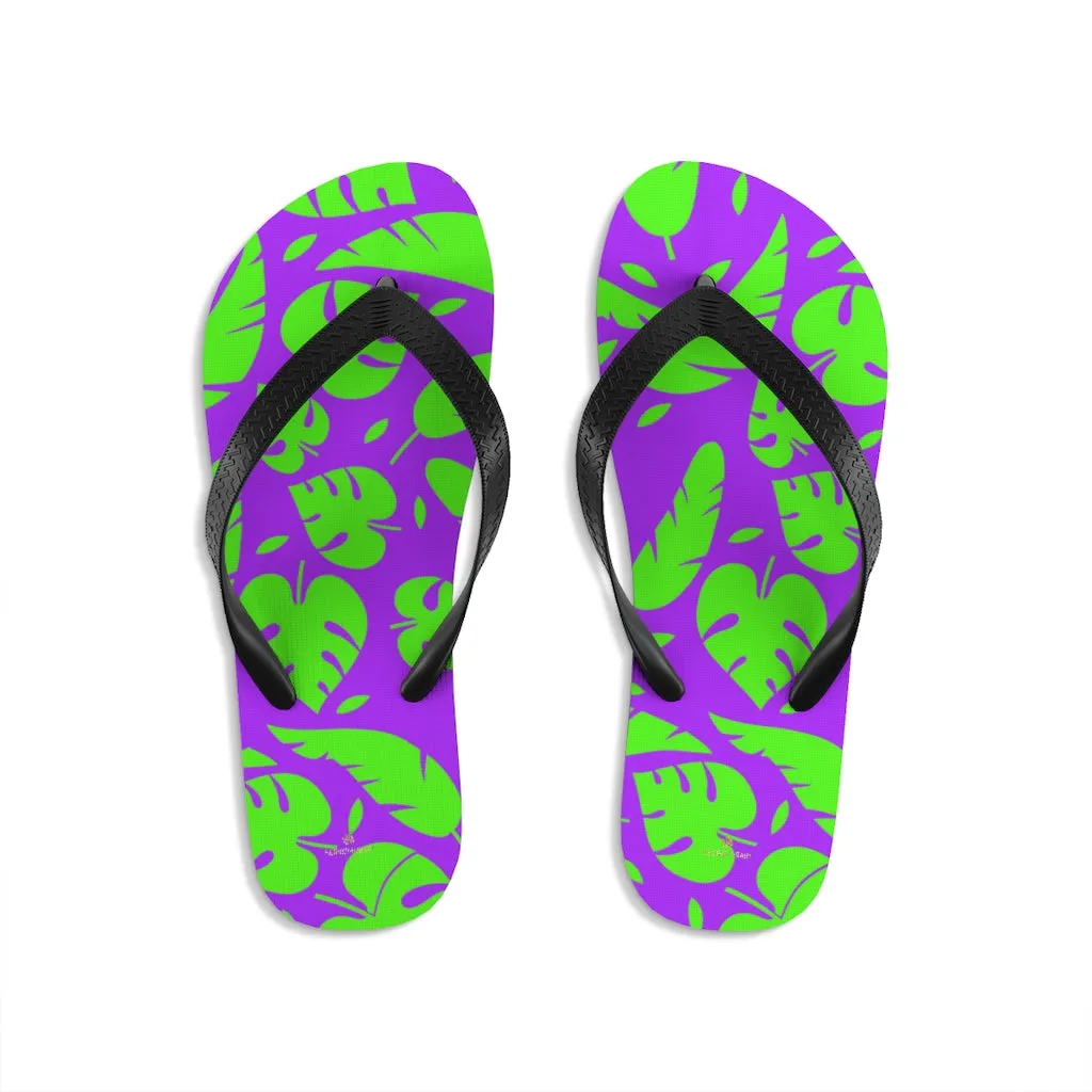 Purple Green Flip Flops, Tropical Leaf Print Unisex Flip-Flops Sandals For Men/ Women- Made in USA