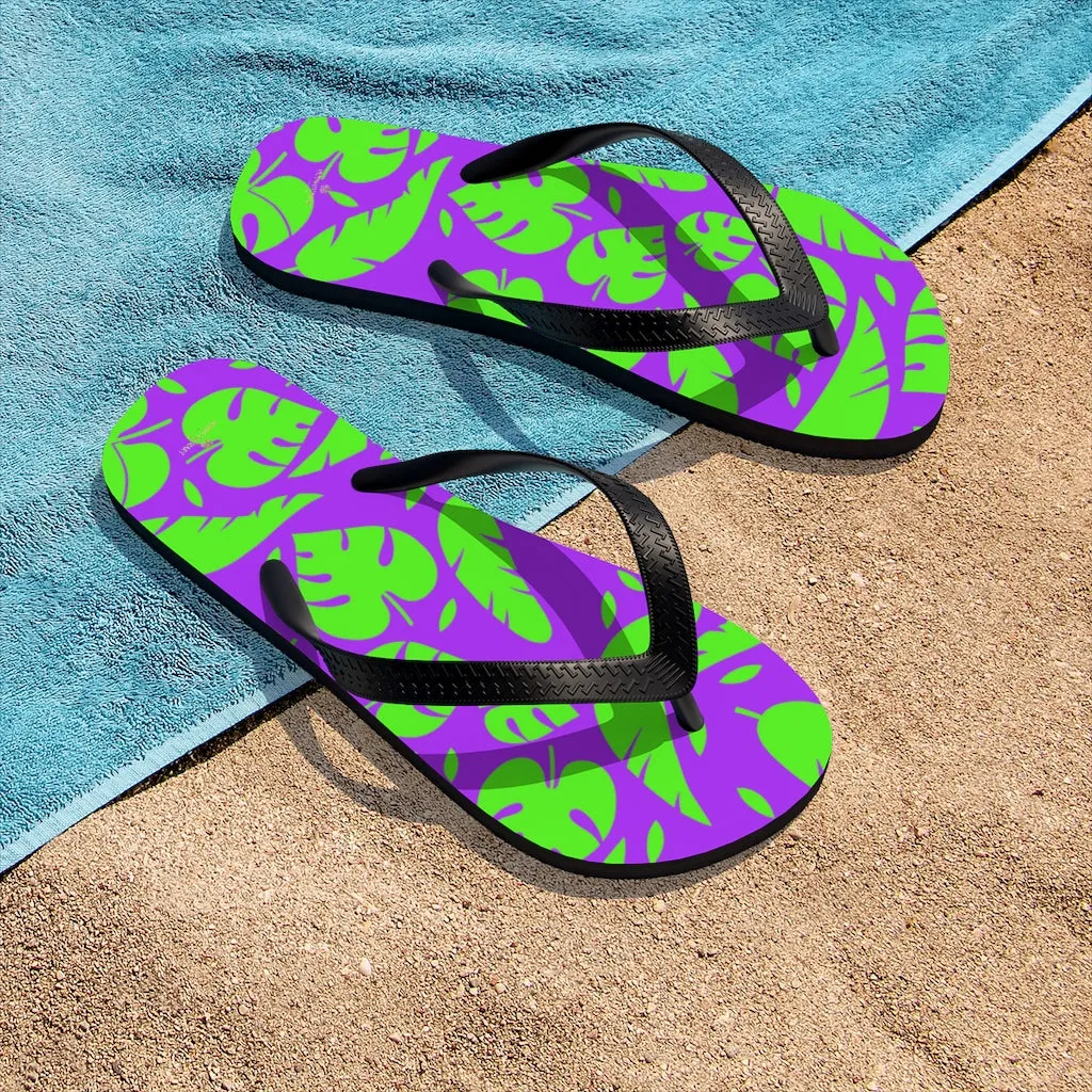 Purple Green Flip Flops, Tropical Leaf Print Unisex Flip-Flops Sandals For Men/ Women- Made in USA